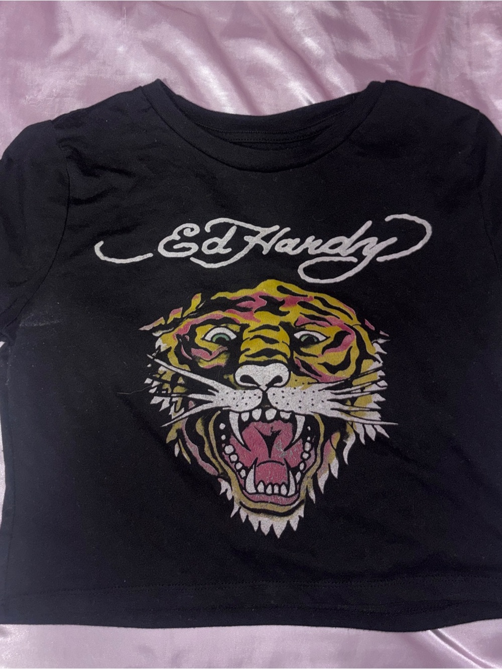 Ed Hardy Black Crop Top with Yellow and Pink Tiger Graphic